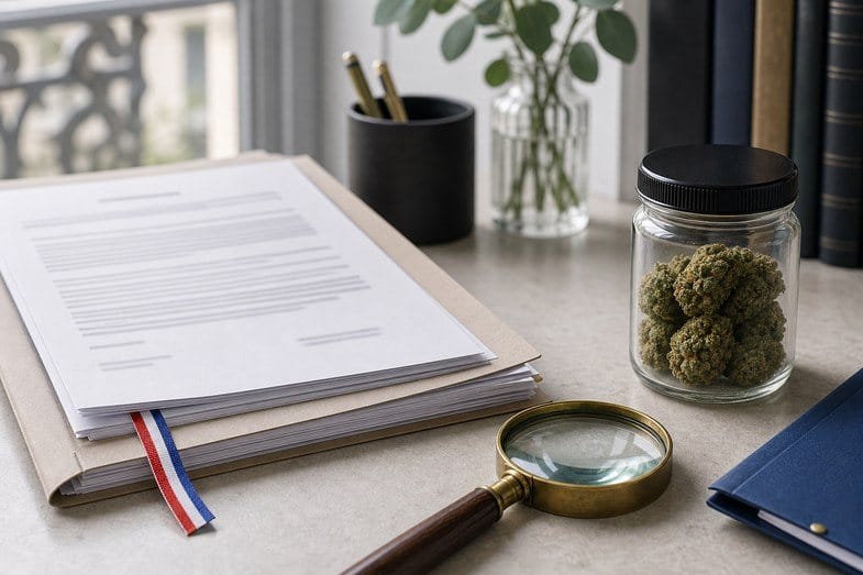 French CBD source folder with blurred documents, sealed flower jar and magnifier on a compliance desk