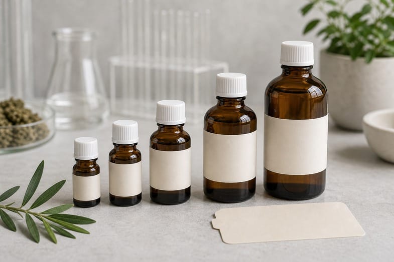 Different amber CBD oil bottle sizes with blank labels and neutral botanical desk details