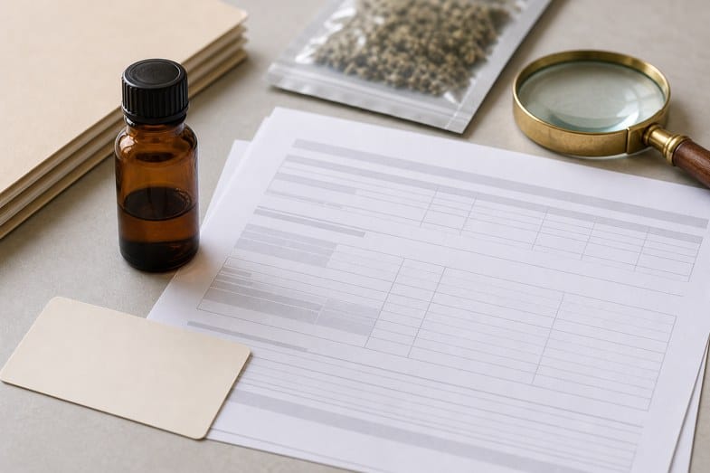 Closed CBD oil bottle beside blank certificate sheet, batch card and magnifying glass
