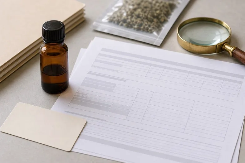 cbd-oil-certificate-checklist-detail Closed CBD oil bottle beside blank certificate sheet, batch card and magnifying glass
