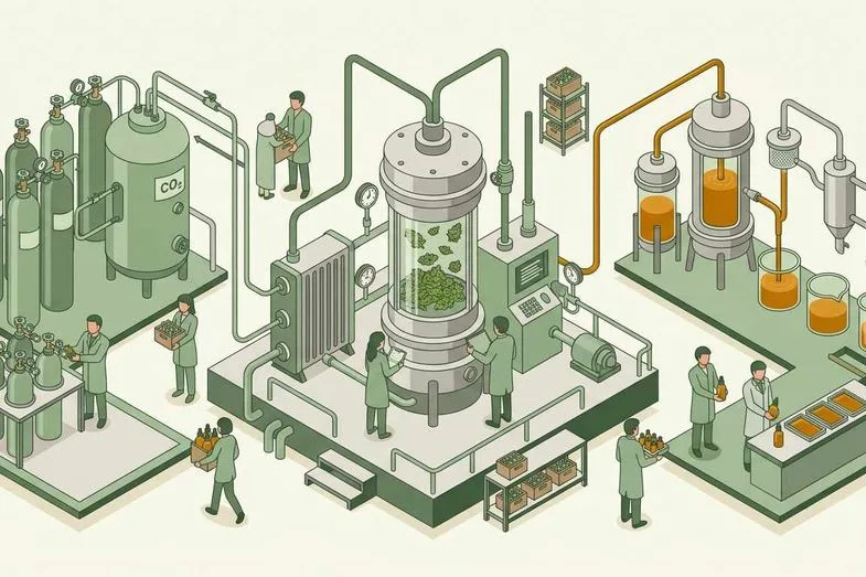 CBD oil extraction process with CO2 tanks, hemp material, laboratory workers and amber oil containers