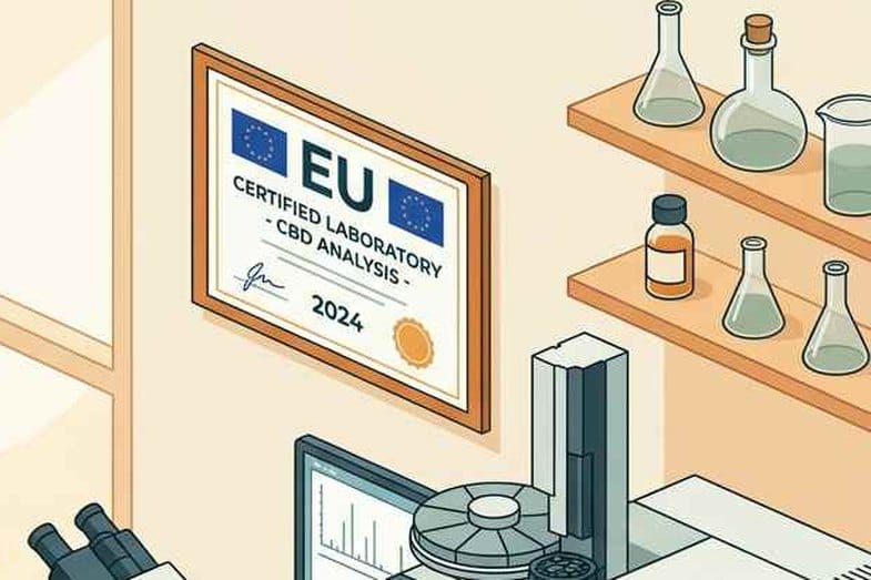 Framed EU CBD analysis certificate above laboratory glassware and testing equipment in a CBD oil lab
