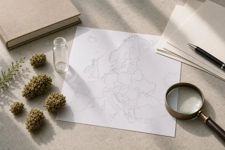 cbd-retail-rules-europe-map-documents Blank Europe map with CBD flower samples, neutral documents and an unlabeled vial for retail rule checks