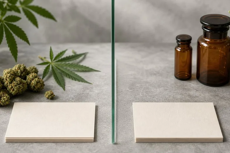 cbd-vs-thc-label-comparison Two blank comparison cards separated by glass beside CBD flower samples and amber jars