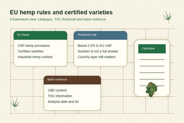 EU hemp rules illustration with certified variety card THC threshold and CBD flower batch report