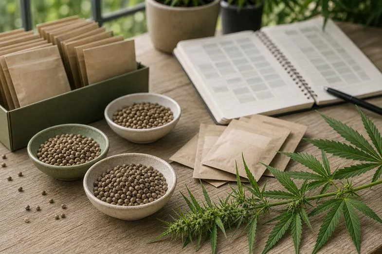 eu-industrial-hemp-catalogue-varieties Hemp seeds in bowls with plain seed packets, hemp sprigs and an open field notebook on a greenhouse table