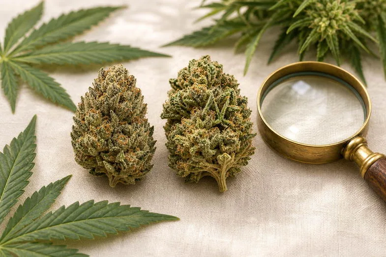 hemp-bud-appearance-detail Editorial macro photograph of two hemp buds on cream linen with visible trichome frost, amber pistils and a brass loupe beside them