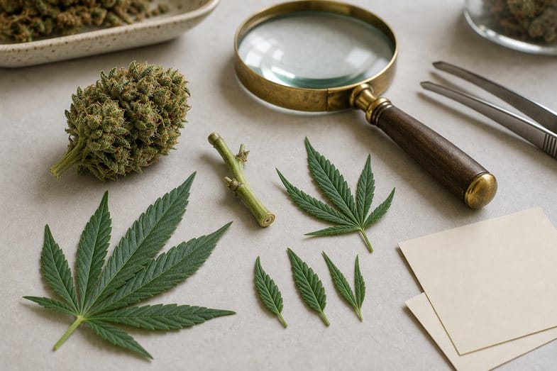 Hemp bud, stem pieces and leaves arranged on a botanical desk with magnifying glass and tweezers