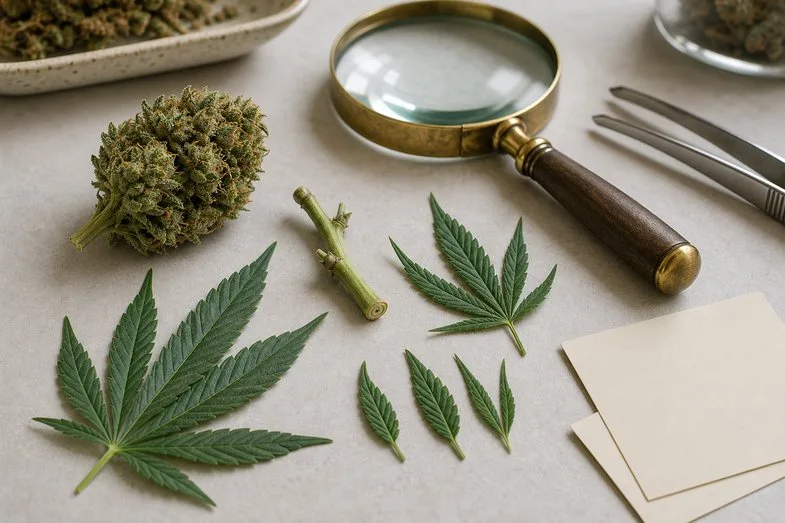 hemp-buds-stems-leaves-detail Hemp bud, stem pieces and leaves arranged on a botanical desk with magnifying glass and tweezers