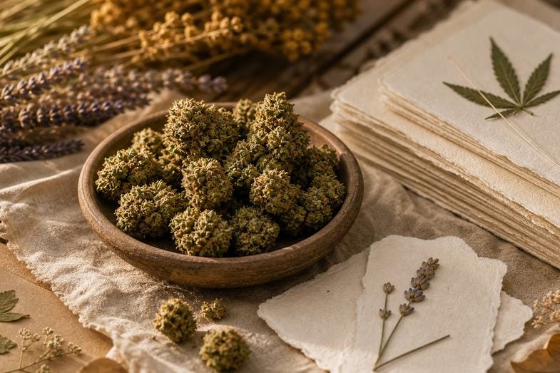 Hemp flower samples with handmade paper cards, pressed leaves and dried botanicals