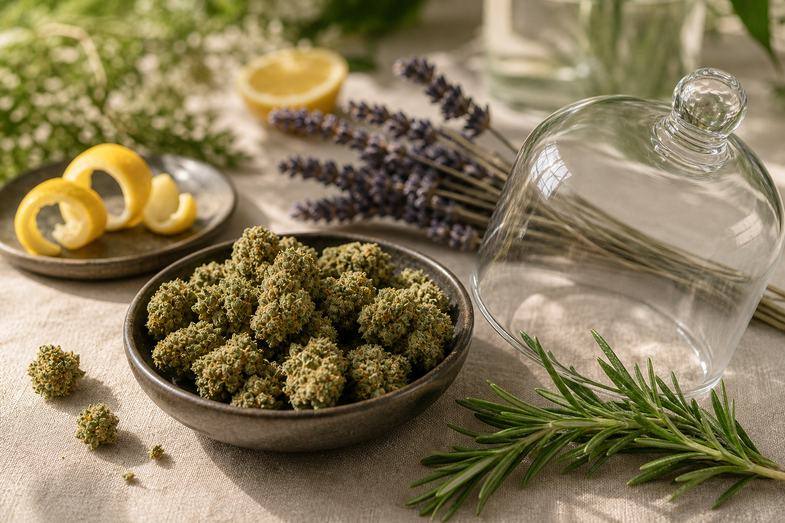 CBD hemp flower buds with rosemary, lavender, citrus peel and glass aroma props on a botanical desk