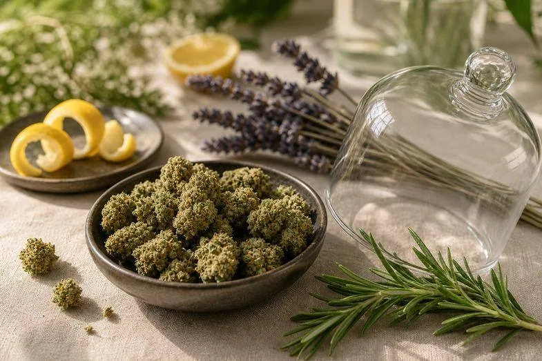 CBD hemp flower buds with rosemary, lavender, citrus peel and glass aroma props on a botanical desk