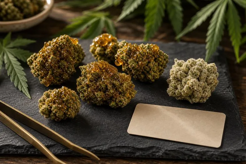 Enriched hemp flower buds with amber resin coating and pale crystal-coated texture on dark slate