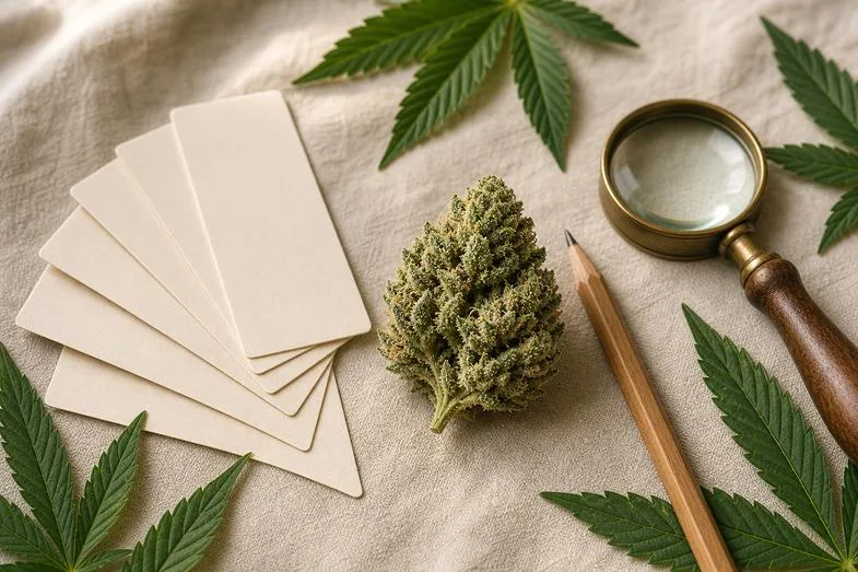 hemp-flower-glossary-detail Editorial still life of a hemp glossary desk with hemp bud, blank vocabulary cards, brass loupe and pencil on cream linen