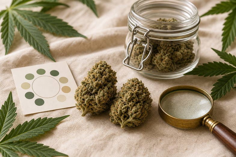 Two hemp buds beside a glass jar, blank humidity card and brass loupe on warm cream linen