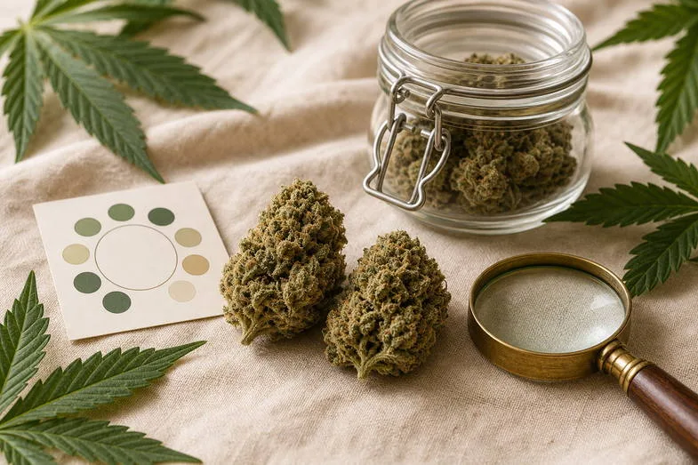 Two hemp buds beside a glass jar, blank humidity card and brass loupe on warm cream linen