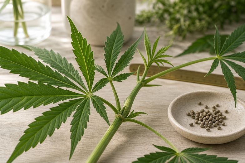 Fresh hemp stem cutting with fan leaves, hemp seeds and greenhouse light for plant anatomy reading