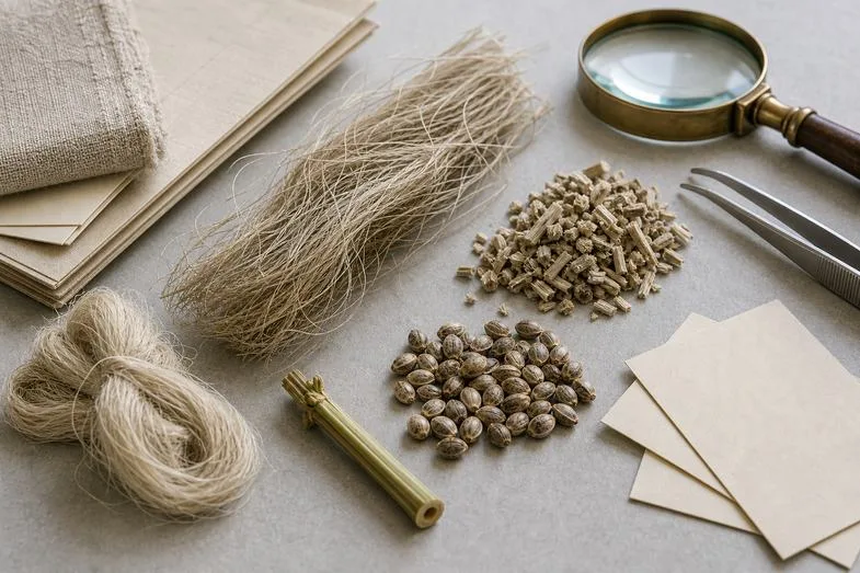 Hemp bast fibre, hurd pieces and agricultural seed samples on a workbench with magnifying glass