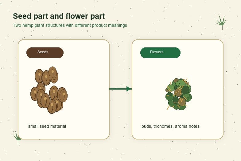 Illustrated comparison of hemp seeds and hemp flowers as different plant parts