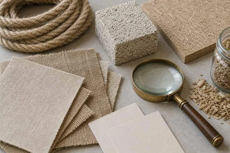 Hemp rope, canvas swatches, hurd, fibreboard and hempcrete material samples on a workbench