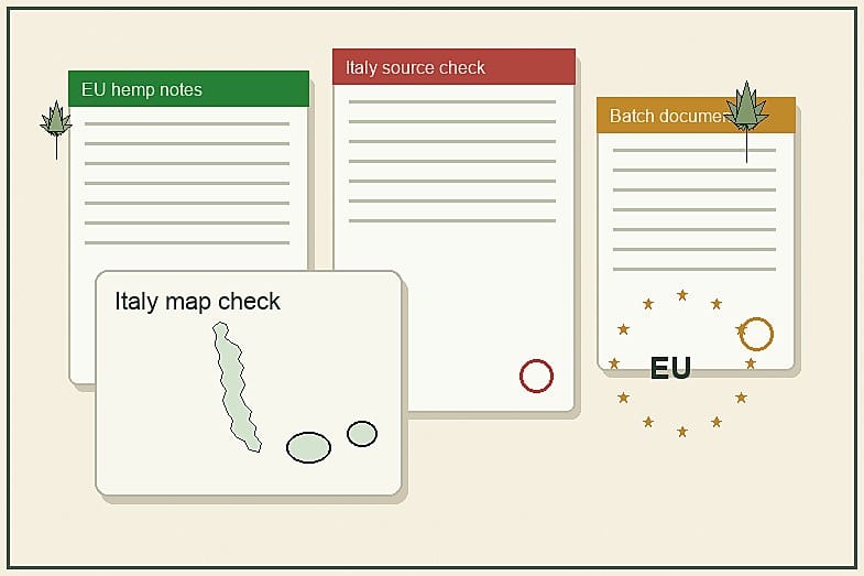 italy-cbd-legal-map-documents Illustrated Italy map beside EU hemp notes, legal documents and hemp leaves on a cream desk