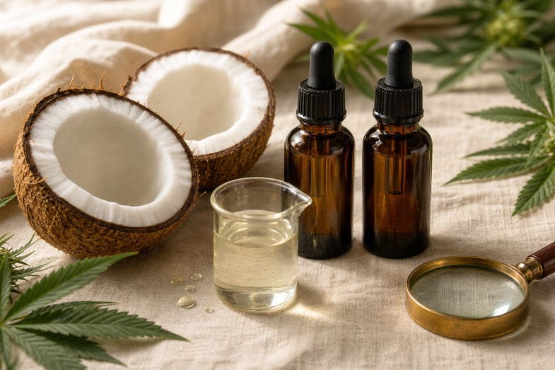 Two sealed amber CBD oil bottles beside coconut halves, clear oil beaker and brass loupe on cream linen