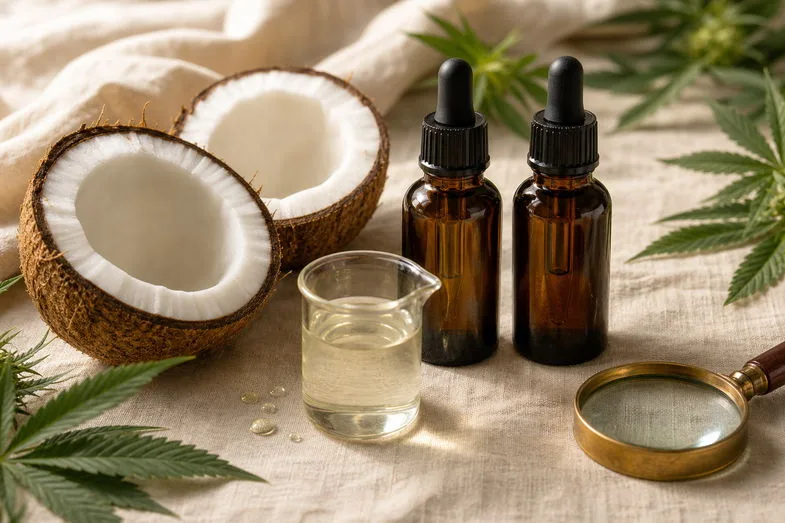 mct-carrier-oil-cbd-detail Two sealed amber CBD oil bottles beside coconut halves, clear oil beaker and brass loupe on cream linen