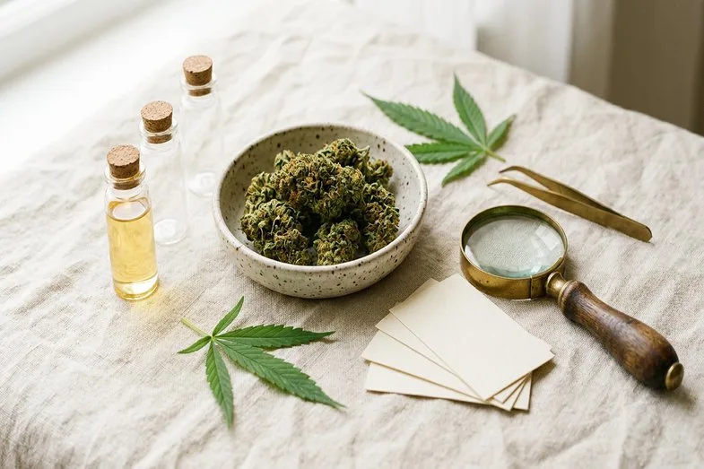 Hemp flower samples with blank label cards, clear vials and neutral tools for minor cannabinoid wording