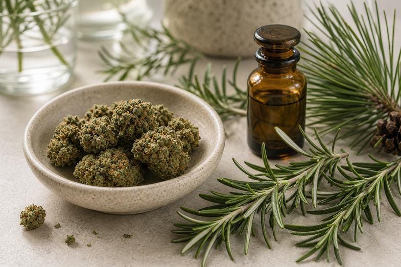 CBD hemp flower buds with rosemary sprigs, pine needles and closed amber aroma vial on a botanical desk