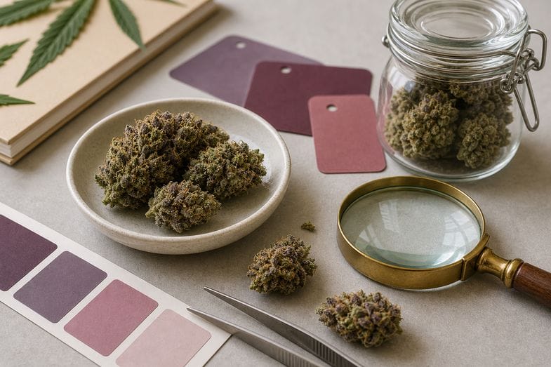 Sweet Berry CBD flower buds with berry-coloured aroma cards, magnifying glass and sealed jar