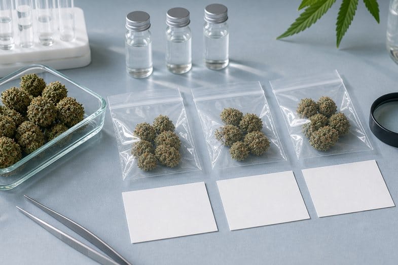 CBD flower samples in sealed clear sleeves beside blank cards and vials for batch checks