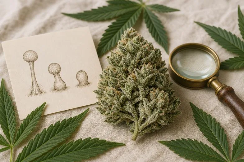 what-are-trichomes-detail Editorial macro still life with a frosted hemp bud, brass loupe, trichome sketch card and hemp leaves on cream linen