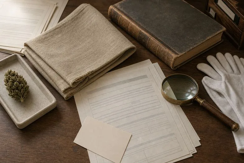 Hemp canvas, archival document sheets, old book and hemp sample on an art history desk