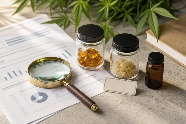 CBD extract jars beside a magnifying glass and blurred certificate sheets for batch document reading