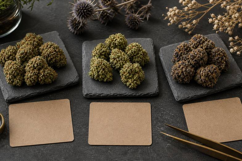 Three CBD flower samples on dark stone tiles beside blank kraft cards for visual comparison