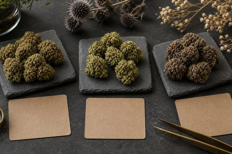 Three CBD flower samples on dark stone tiles beside blank kraft cards for visual comparison