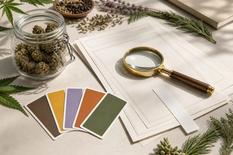 cbd-flower-aroma-families-documents CBD flower jar beside blank certificate sheets, aroma colour swatches and brass magnifying glass