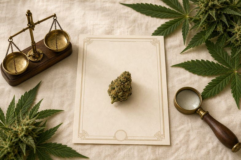 Editorial document study with a single blank certificate sheet, hemp bud, vintage analytical balance and brass loupe on cream linen