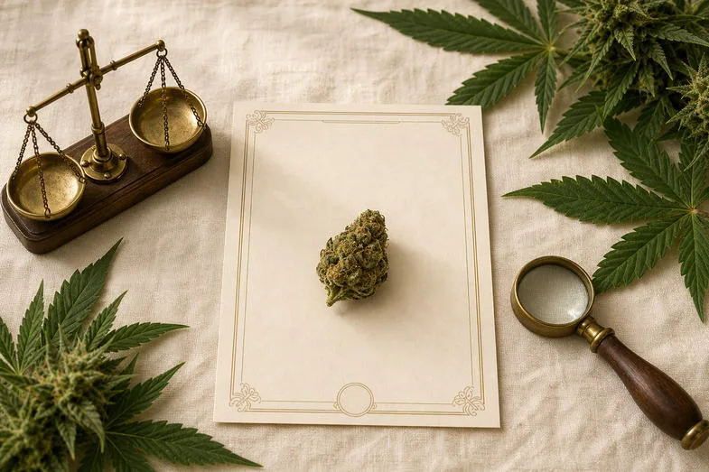 cbd-flower-certificates-documents Editorial document study with a single blank certificate sheet, hemp bud, vintage analytical balance and brass loupe on cream linen