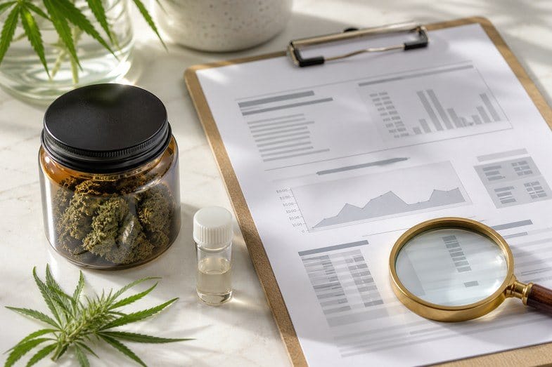 CBD flower jar with a clipboard lab report, blurred chart blocks and a brass magnifier in soft daylight