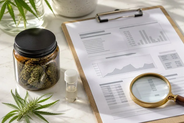 CBD flower jar with a clipboard lab report, blurred chart blocks and a brass magnifier in soft daylight