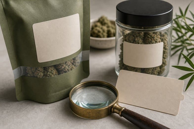 Plain CBD flower packaging with blank batch cards and magnifying glass for code checks