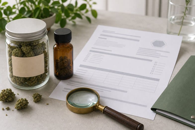 CBD flower jar and amber sample bottle beside anonymous product label sheet and magnifier