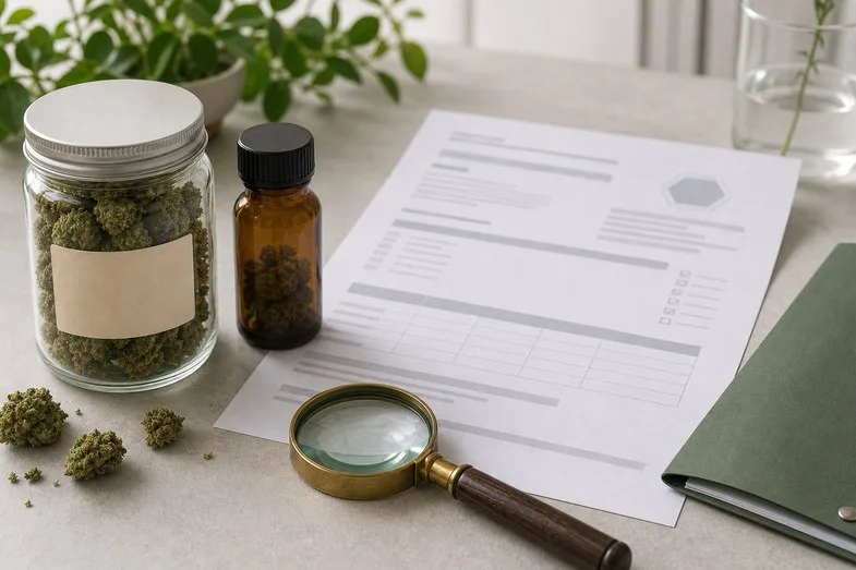CBD flower jar and amber sample bottle beside anonymous product label sheet and magnifier