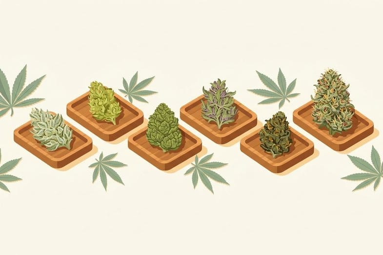 Six CBD flower samples on small wooden trays with hemp leaves around a cream background