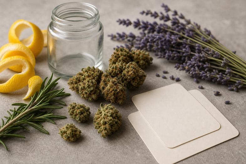 CBD flower samples beside citrus peel, rosemary, lavender and blank cards for aroma terminology