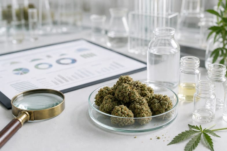 CBD flower beside a blank profile sheet, clear vials and a magnifying glass for terpene checks