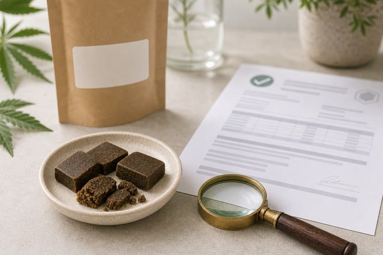 CBD hash pieces in a ceramic dish beside a blank pouch, certificate sheet and magnifier