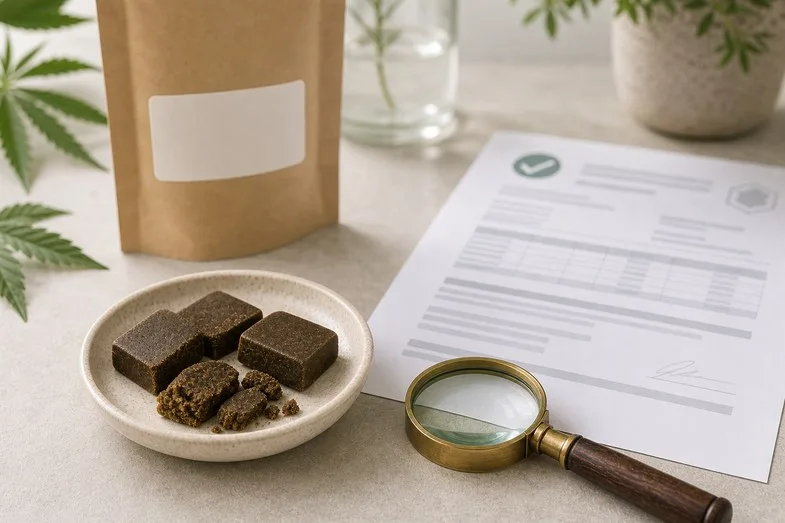 CBD hash pieces in a ceramic dish beside a blank pouch, certificate sheet and magnifier