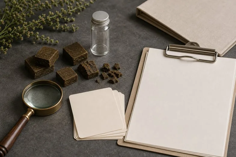 CBD hash pieces beside blank product cards and neutral batch documents for checking density photos